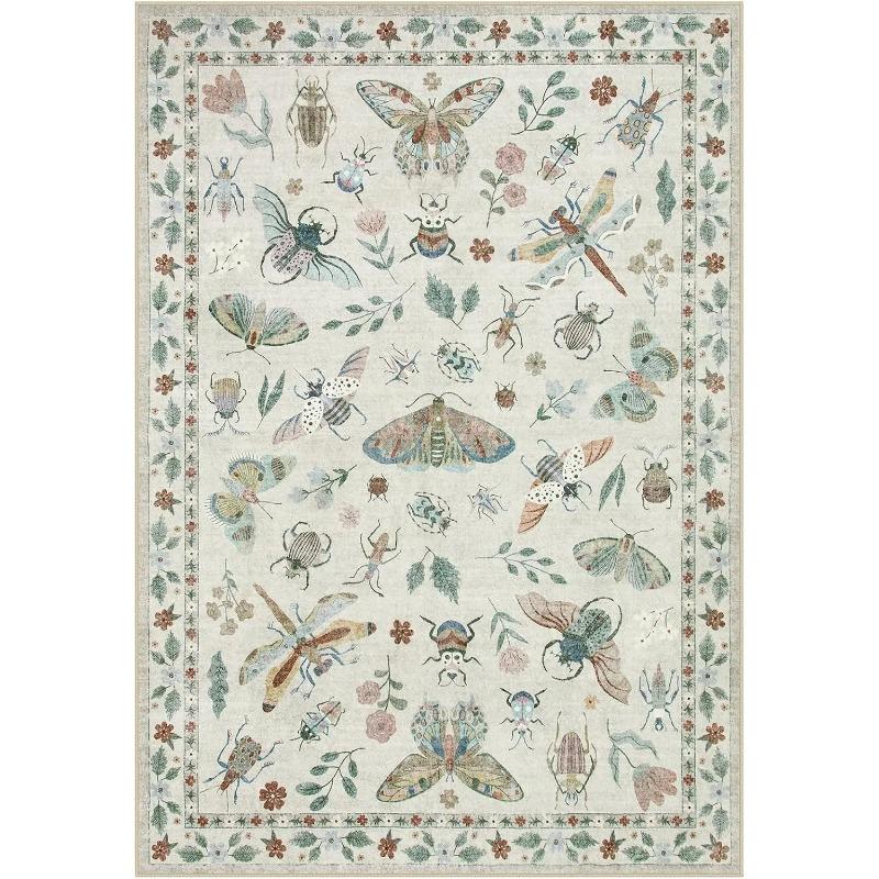 Insect Theme Green Area Rug Soft Washable Modern Stain Resistant Large Kids Nursery Carpet for Bedroom Living Room Home Decor