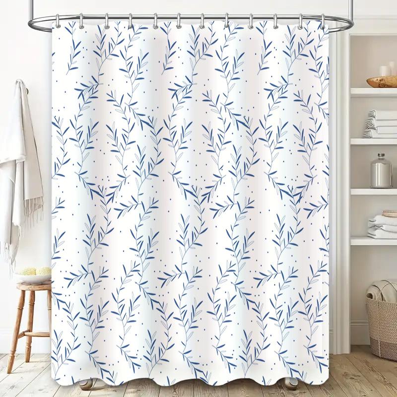 Elegant Blue Leaf Shower Curtain Modern Bath Decor for Bathroom Remodeling Water Resistant Fabric with Hooks (White Navy)