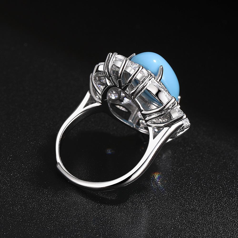 Vintage Synthetic Turquoise Open Adjustment Jewelry Full Diamond Zircon Ring