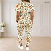 Women Plus Size Two Piece Set Round Neck Short Sleeve White Printed Crop Top Drawstring Cuffed Pants With Pockets