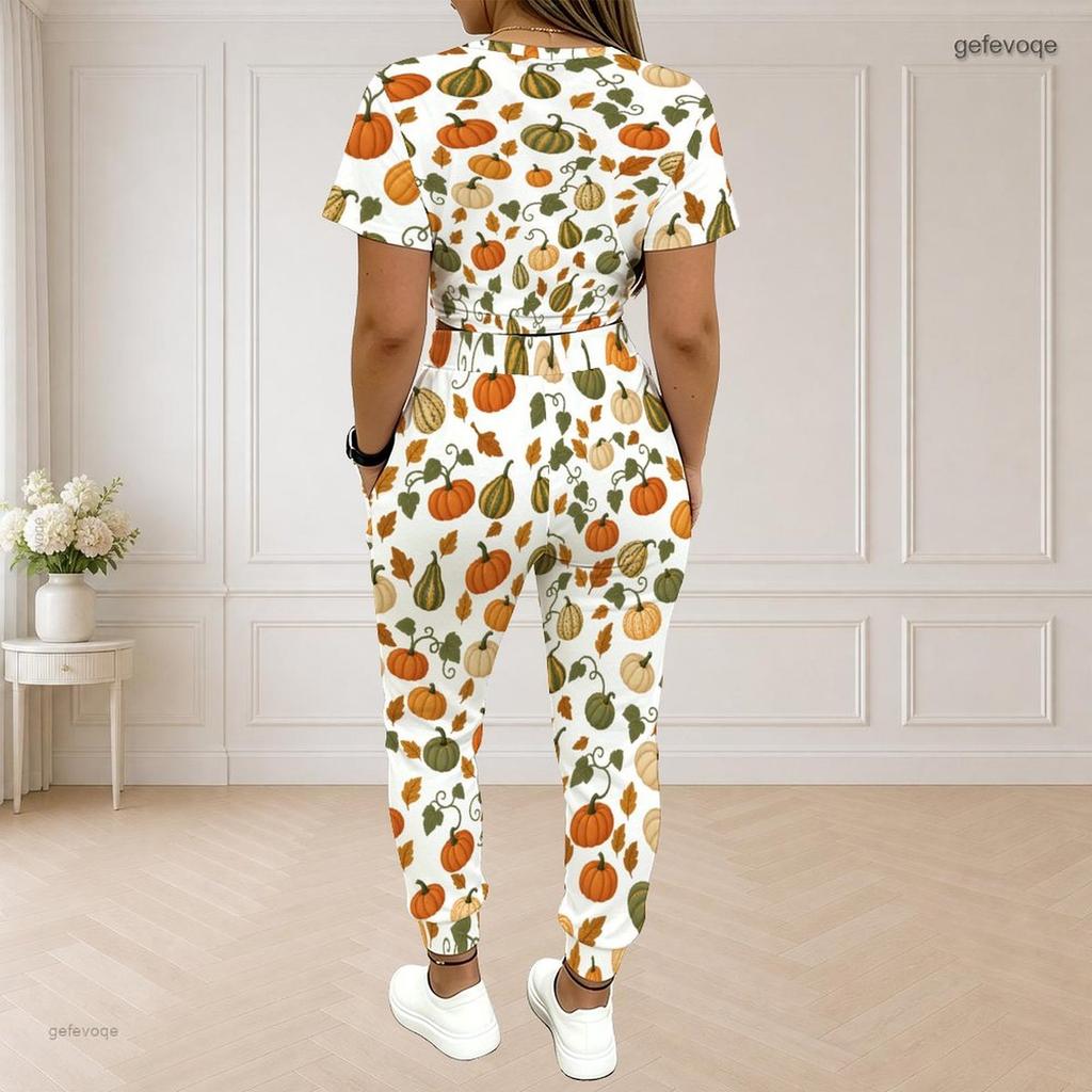 Women Plus Size Two Piece Set Round Neck Short Sleeve White Printed Crop Top Drawstring Cuffed Pants With Pockets