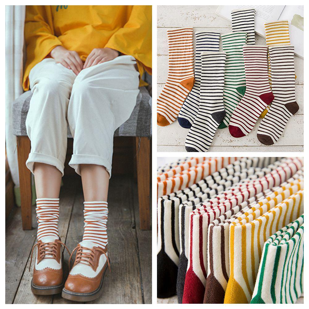 

Women Cute Ankle Cotton Knit Striped Socks Elastic Hosiery кавовий