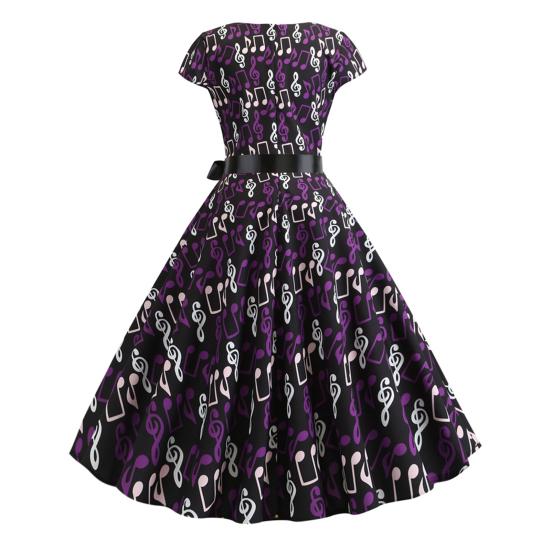 Damen-Kleid, Musik-Skala-Druck, Rundhalsausschnitt, Schleife, Gürtel, enge Taille, A-Linie, großer Saum, bunt, kurze Ärmel, Reißverschluss hinten, Damen-Midikleid