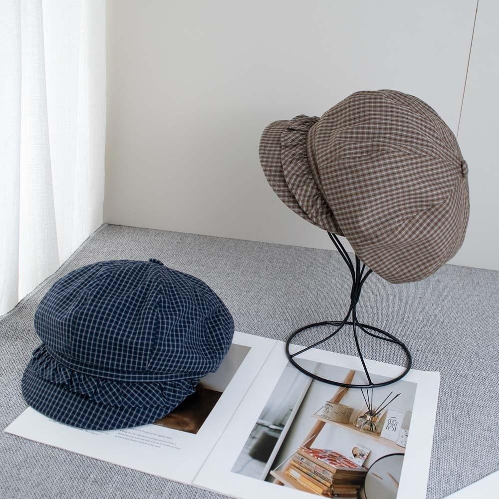 Korean Style Fine Plaid Beret Solid Color Spring Painter Cap Versatile Ruffle Octagonal Hat  Work