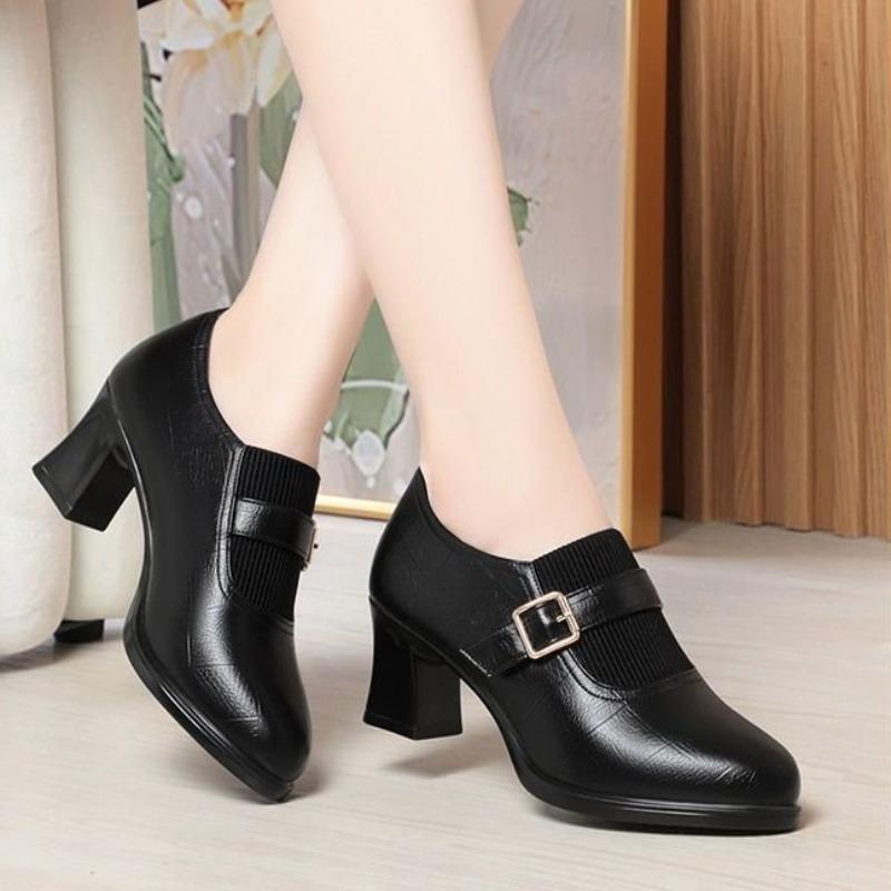 Flying woven pointed elastic splicing thick heel deep mouth single shoes women's autumn versatile retro middle heel fashion small leather shoes