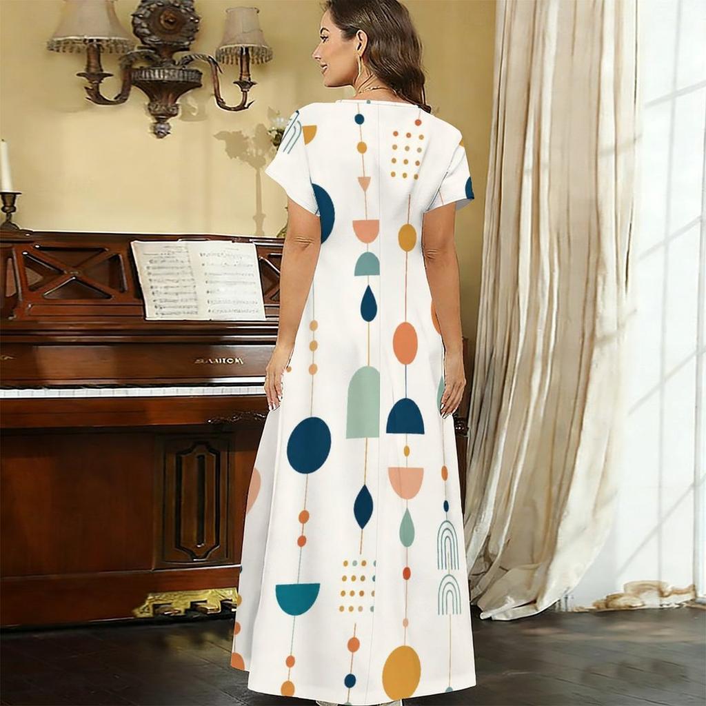 Women Plus Size V Neck Short Sleeve Printed Straight Maxi Dress