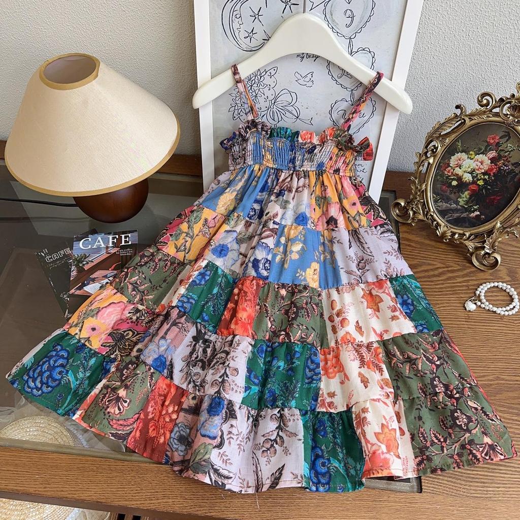 Girls' Retro Floral Summer Dress - Sling Style, Model AXB502