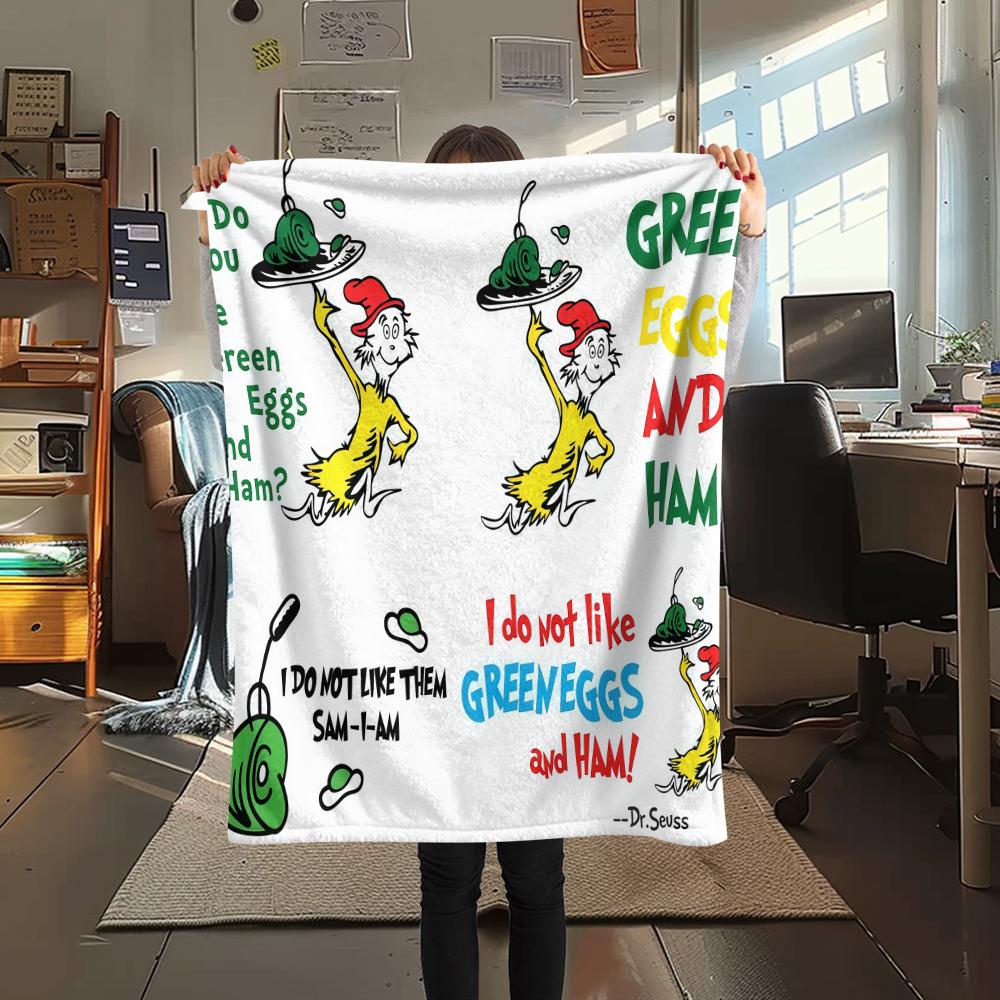 1PC Green Eggs and Ham Print Flannel Blanket, High quality All Seasons, Home Decor, Warmth and Comfort, Perfect for Christmas Gifts