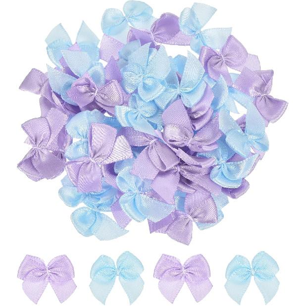 MECCANIXITY 50Pcs Mini Ribbon Bow 1" Mini Fabric Satin Ribbon Flower Bows for Craft DIY Sewing Wedding Birthday Party Pink & Blue