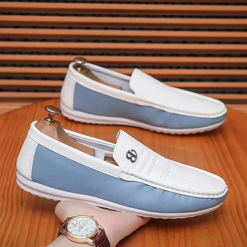 New Men's Flat Shoes Trendy Casual White Bean Shoes Slip on Soft Sole Loafer Men's Lightweight Walking Driving Shoes 2024