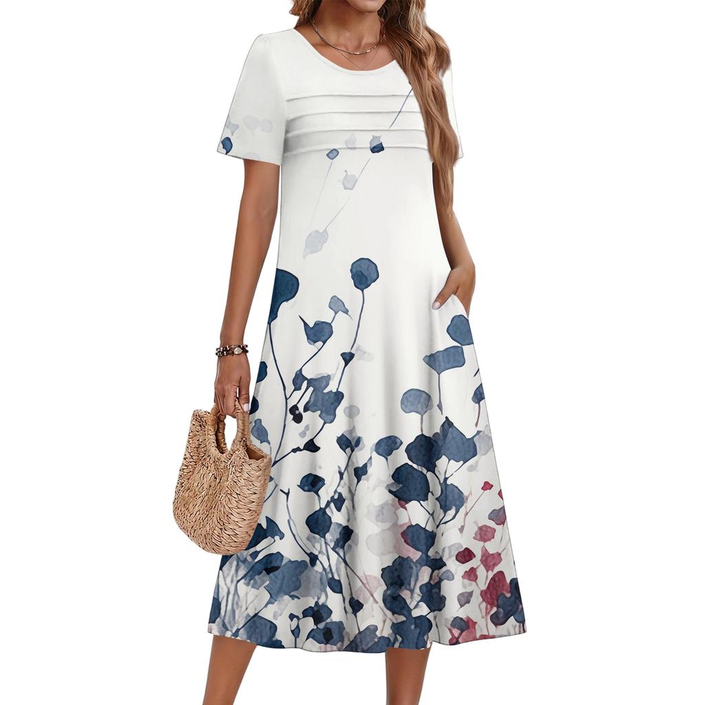 Damenkleid mit Blumenmuster, lässig und modisch, kurzärmelig, Rundhalsausschnitt