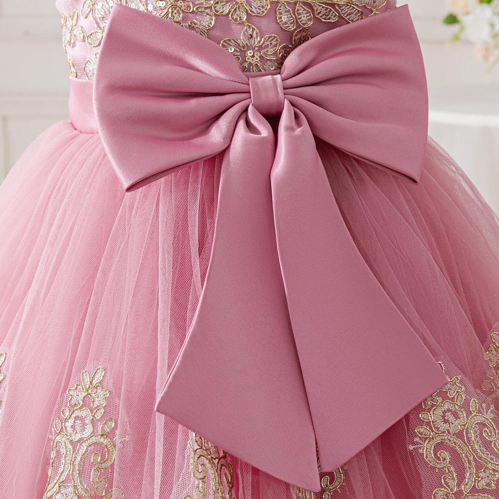 Girls' Elegant Lace Princess Evening Dress with Train for Special Occasions