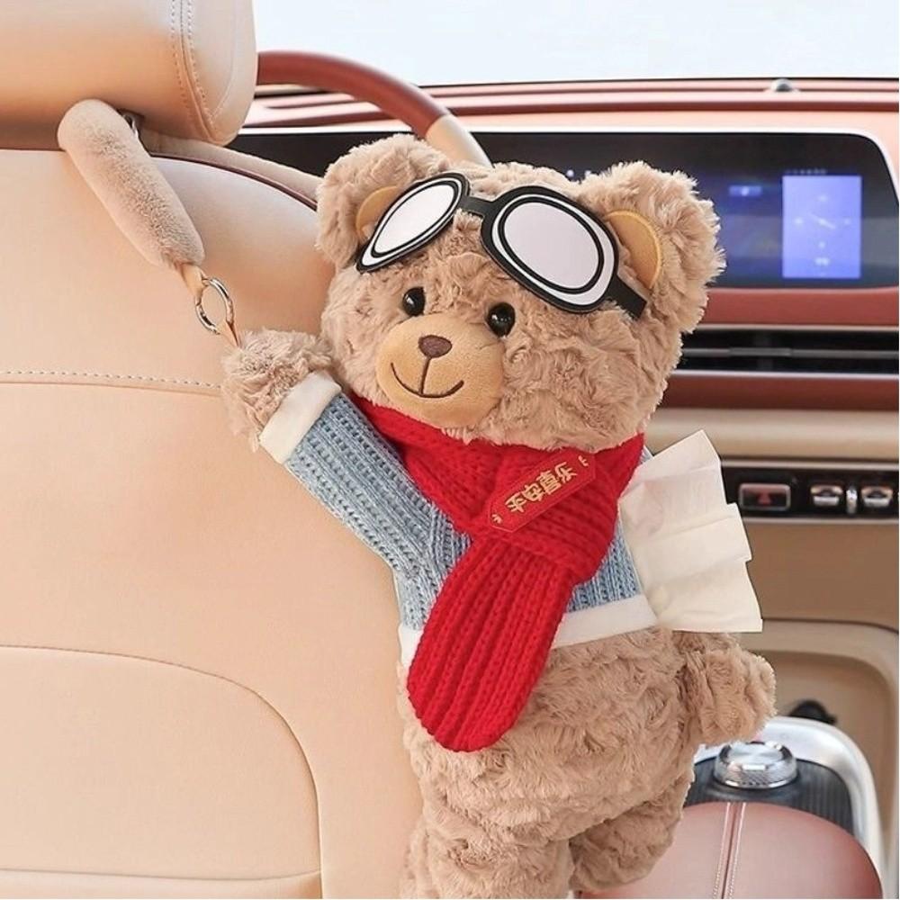Cute Cartoon Tissue Box Short Plush Bear Shape Soft Car Paper Box Hanging Multi-functional Storage Bag Car Interior