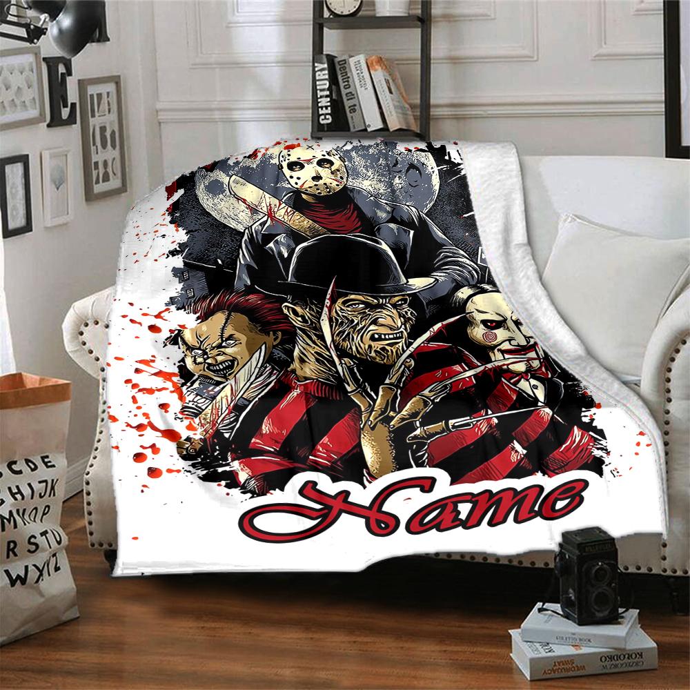 Custom Name Halloween horror Theme Printed Blanket - Perfect for Couch, Bed, Travel & Outdoor Use | Machine Washable, Cozy & Durable.