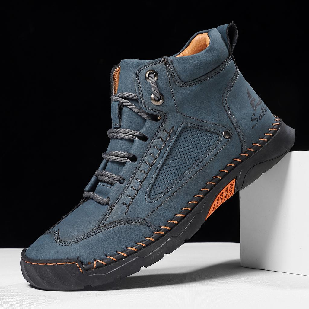 Large-size men's high-top leather boots Hand-stitched ankle boots Flat-soled lace-up casual shoes