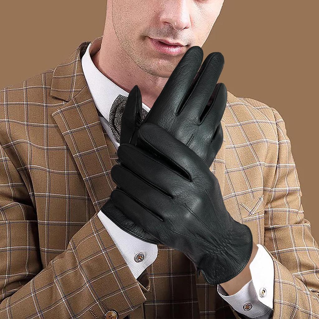 XFONZYUN Deerskin Leather Smartphone Brushed Warm and and Perfect for and Black Men's Gloves, Compatible, Lining, Warm, Water-Repellent Windproof,