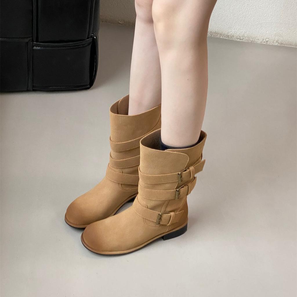 Coarse heel retro suede with skirt short boots Martin boots women's shoes 2025 spring and autumn single boots slim medium tube knight boots