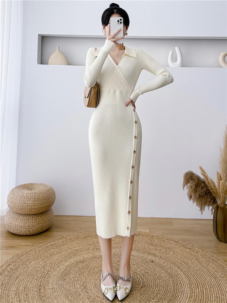 GMXIA Dress Fall Winter Waist Mid-length Wrap Hip Skirt with A Base Tight Knit Dress