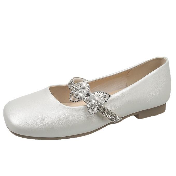 Square head Mary Jane shoes women's 2025 autumn new French butterfly rhinestone pedal with skirt princess shoes single shoes