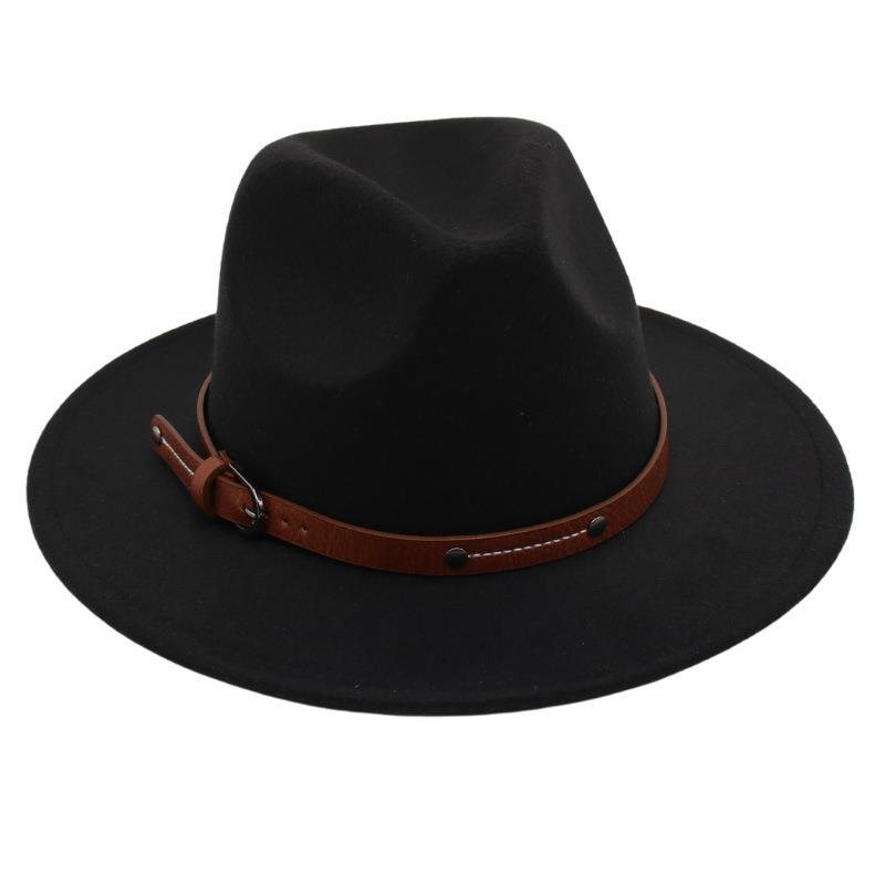 Big Edge Top Hat Belt Buckle Jazz Hat Men'S And Women'S Felt Hat Street Shooting Gambler Hat Concave Fedora Hat Tide