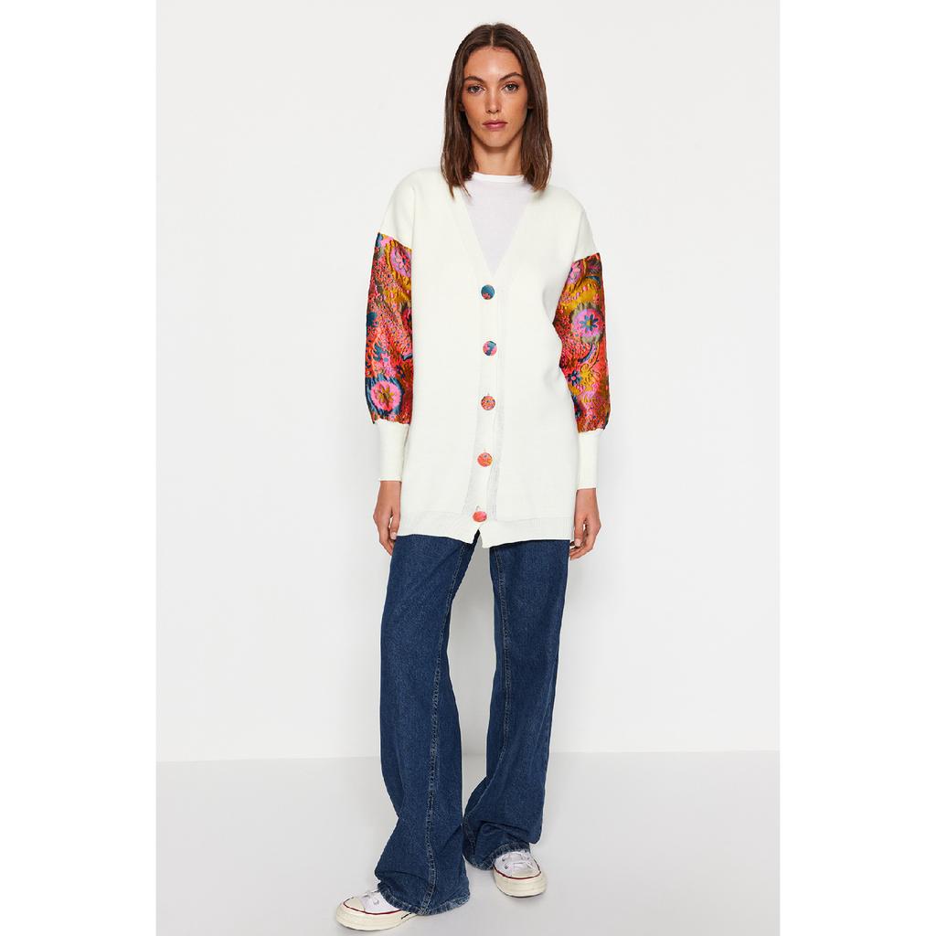 Mâneci ecru cu model Croială confortabilă Tricotaj Cardigan Tctaw24th00086