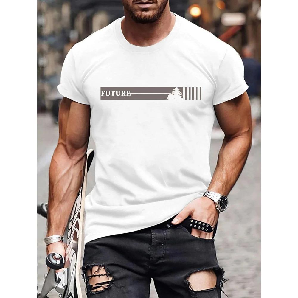 Men's Summer 100 Cotton Fashionable Casual Loose Plus Size Future Pattern Printed Sports Round Neck Short Sleeve T-shirt Top