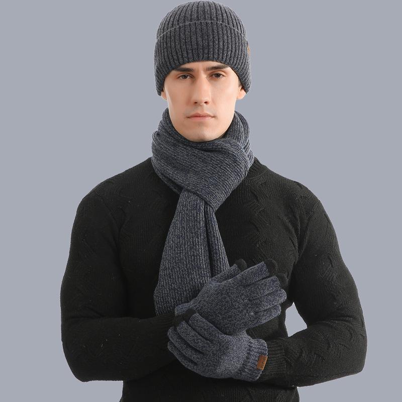 Men's and Women's Autumn and Winter Warm Suits Mixed Color Knitted Thickened Hat Scarf Gloves Three-piece Set