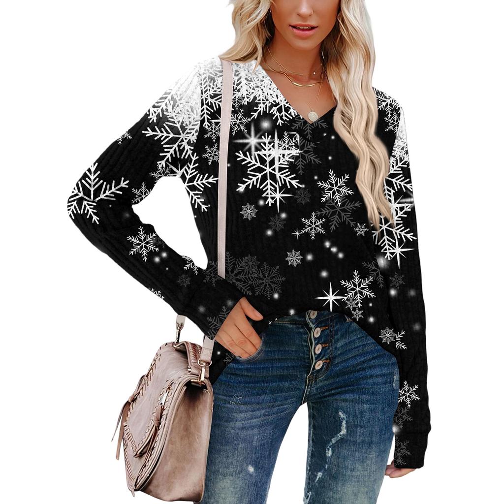 Women's Fashionable Loose-Fit V-Neck Long-Sleeved T-Shirt Christmas Print Pullover