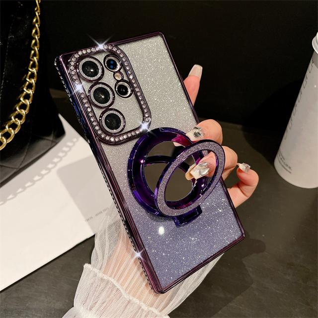 For Samsung Galaxy S23 Ultra Luxury Glitter Mirror Holder Flash Plating Diamond Frame Phone Case For Samsung S22 S24 Plus Cover