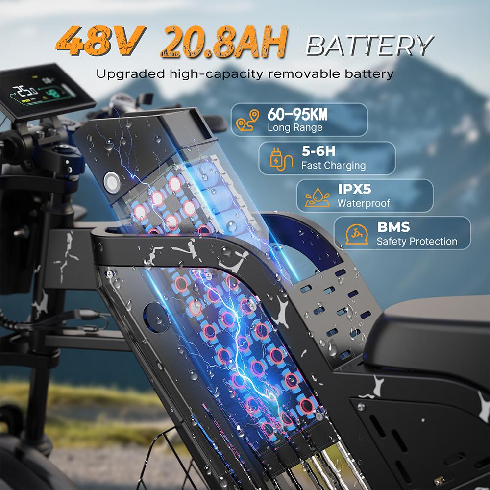 Elektrofahrrad VARUN 20" 1000W Motor Erwachsenen E-Bike 48V 20.8AH Höchstgeschwindigkeit 45 km/h Vollfederung 7 Gänge Zuladung 150 kg X-Plorer Raptor