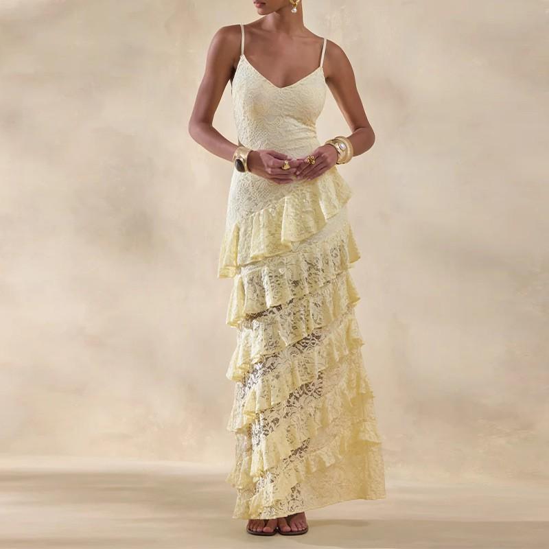 Womens V-Neck Sleeveless Wrap Waist Ruffled Lace Maxi Dress 2026 Elegant Slim Fit Extra Small жёлтый