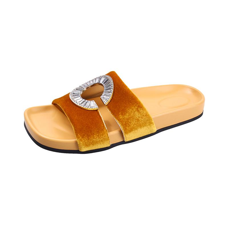 2025 New Rhinestone Flat Sandals Velvet Women's Shoes Fashion Versatile Casual Word with Sandals Beach Cool
