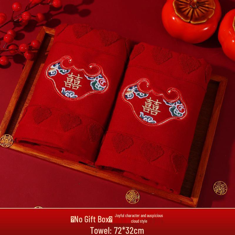 Red Wedding Towel Pair with Festive Gift Bag - Dowry Face Washing Souvenir
