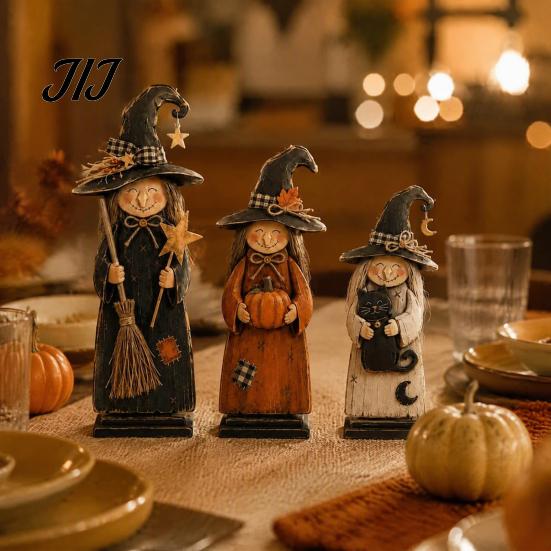 Vintage Style Witch Party Supplies Wooden Figurine, Halloween Statues with Hand Painted Figurine Sets Broom Pumpkin Black Cat, Fall Farmhouse Tabletop