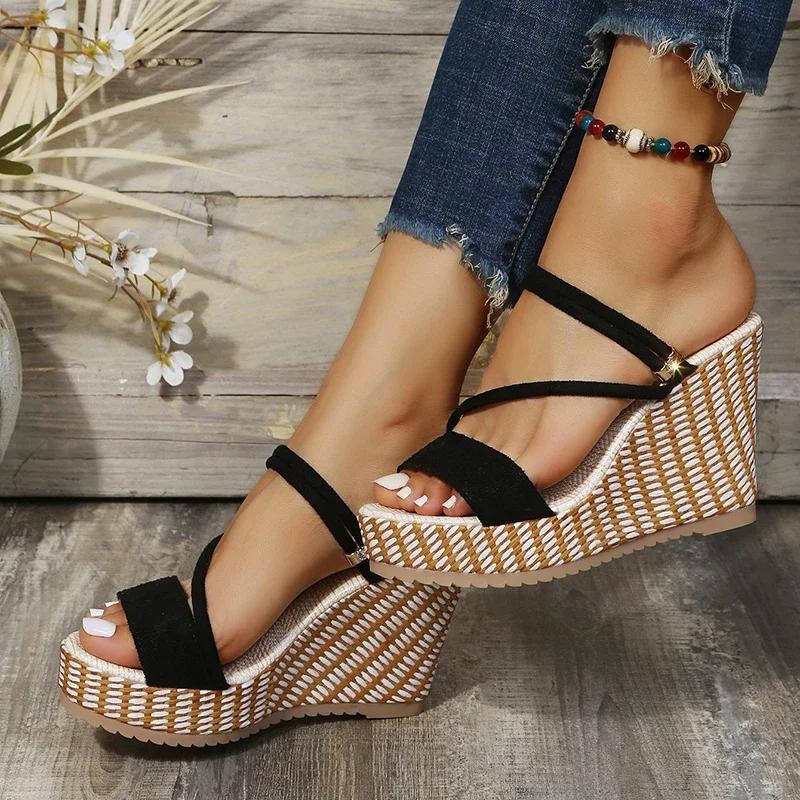 Classic Black Wedge Sandals for Womens Summer Sexy Open Toe Platform Ankle Buckle Slingback Shoe Luxury Comfort Sandalias