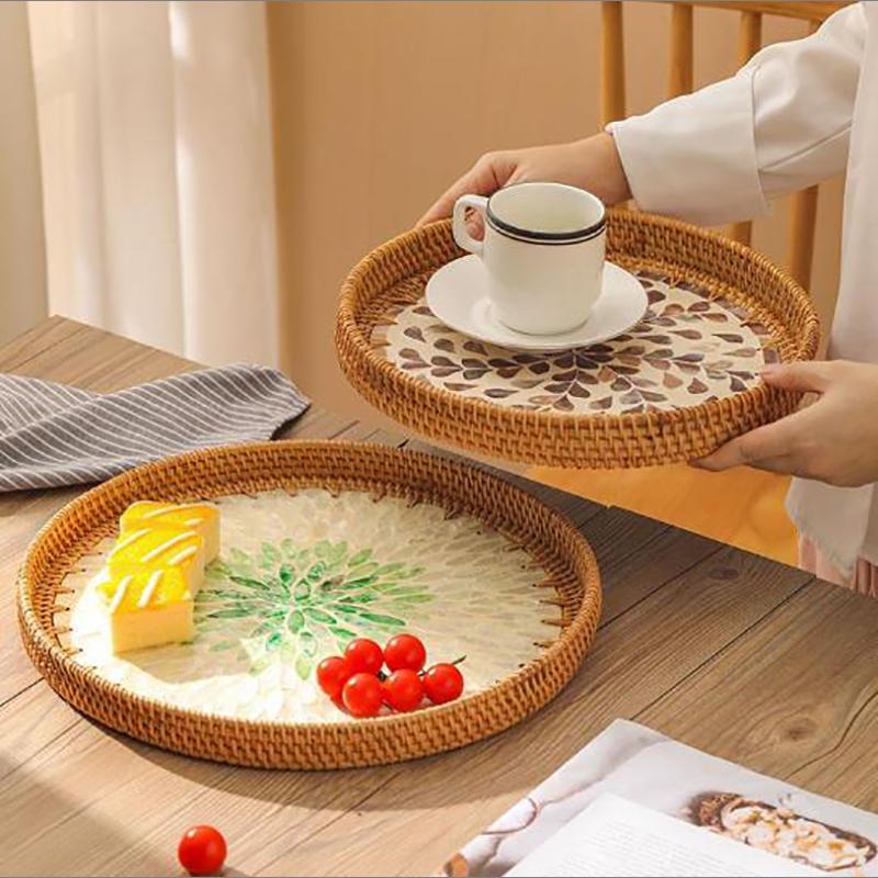 Color Shell Jewelry Cosmetics Food Teacup Storage Trays Handmade Rattan Fruit Dessert Bread Pans Round Rattan Decoration Trays