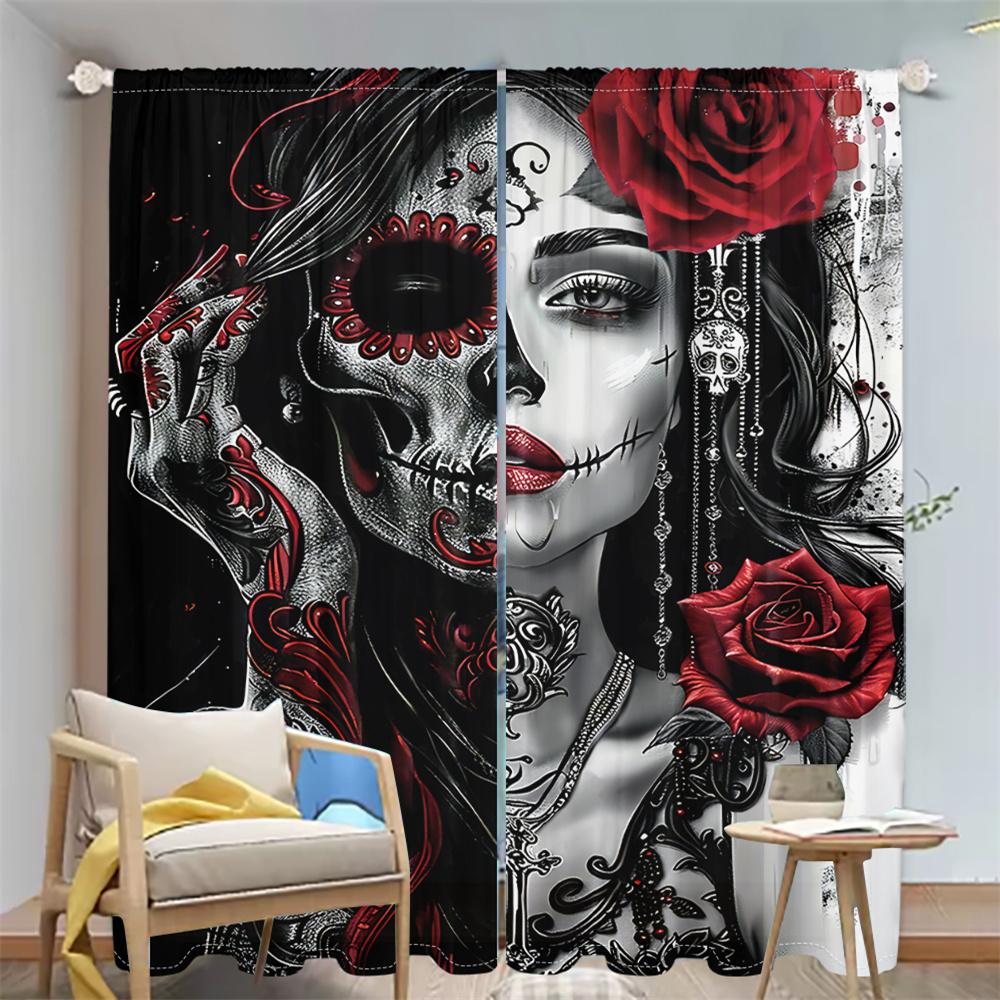 2Pcs Gothic Curtains Black Red Skull Rose Pattern Living Room Bedroom Sunshade Mysterious Dark Style Decor Curtains