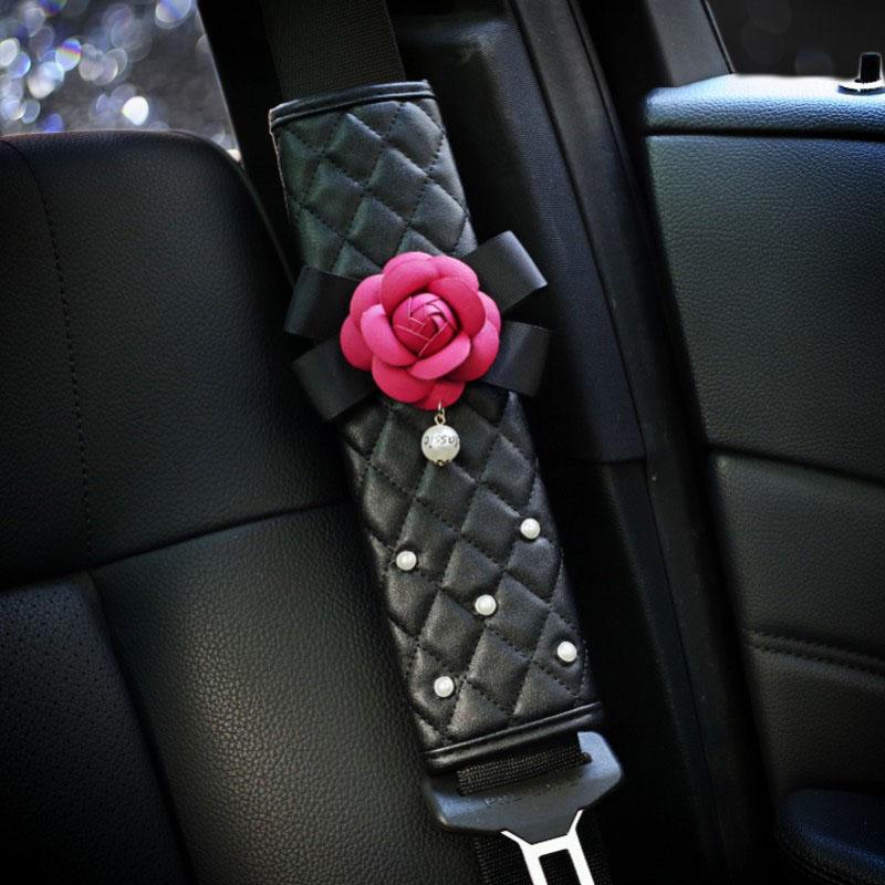 Creative Pearl Camellia Flower Car Safety Seat Belt Cover Shoulder Pad Car Styling Women Auto Seatbelt Gear Shift Covers