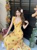 Korean Slimming Floral Print Dress, Waist-Cinched, Mint Rose Island, Double Layer Lace, Two-Way V-Neck (2026)
