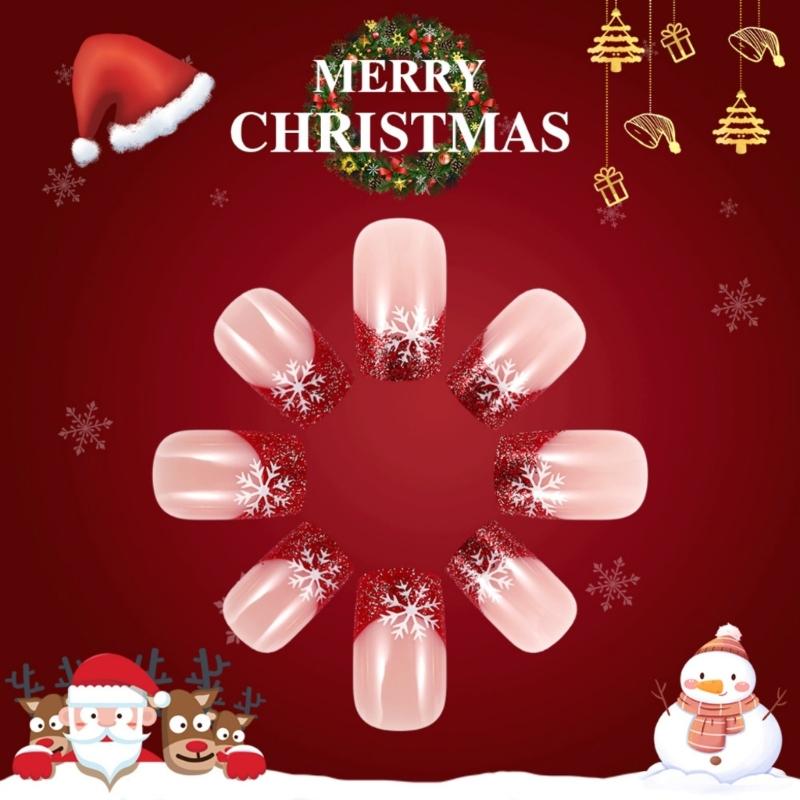 Christmas Themed Press on Nail Snowflake Nail Set Quick Application Manicure Nail Decoration for Parties 24 Pieces