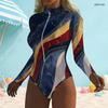 Women Plus Size High Neck Long Sleeve Front Zip Navy Gold Red Printed One Piece Swimsuit