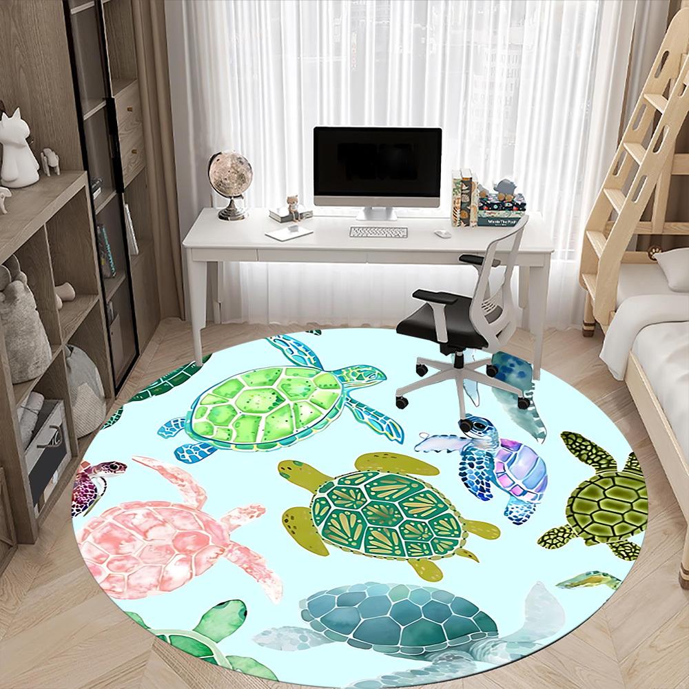 1pc Sea Turtle Print Chair Carpet for Office, Round Polyester Mat, Indoor Decor for Office, Washable Non-slip Carpet yy251219025