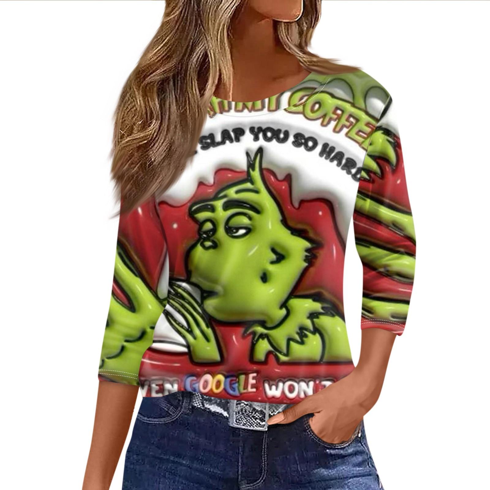 

Женская модная повседневная футболка с рукавом три четверти и рождественским принтом, круглый вырез S