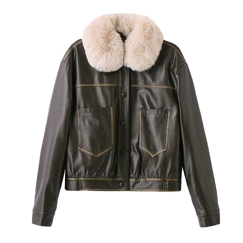 Damen Retro Winter Lederjacke mit abnehmbarem Fellkragen und Fleecefutter