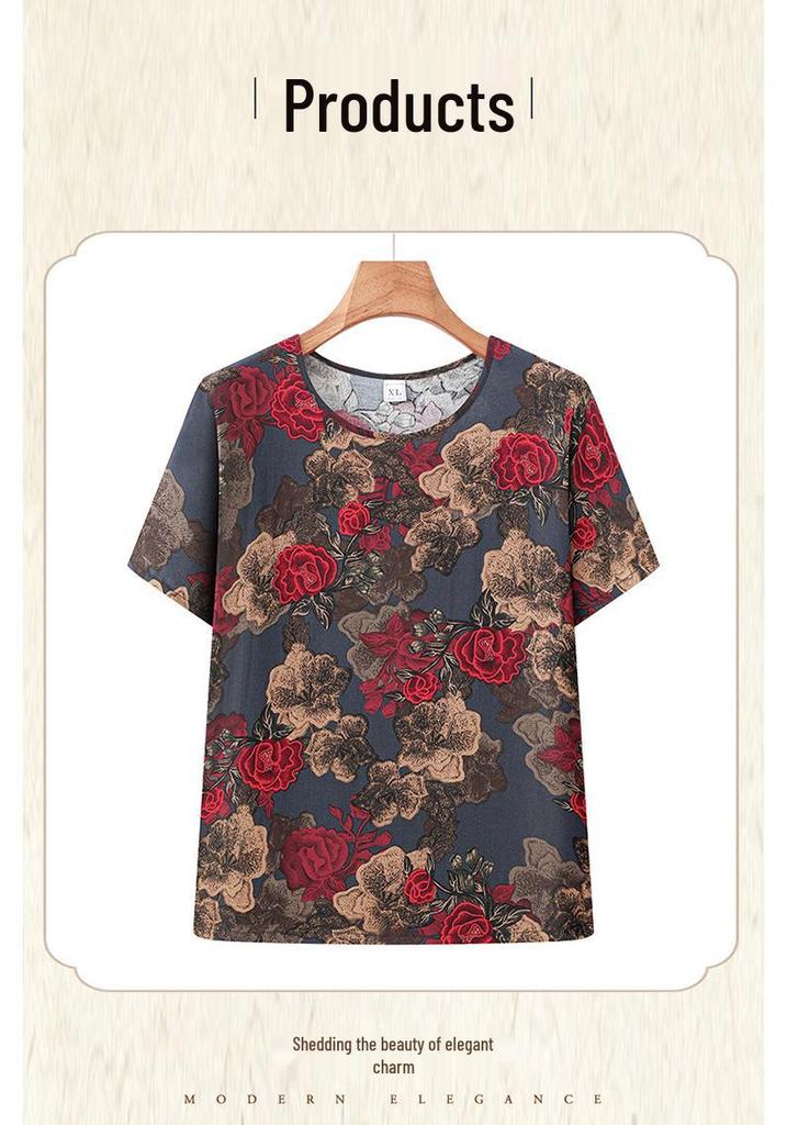 Stylish Short-Sleeved Printed Casual Summer Set for Middle-Aged Women, Lightweight Plus Size Pajamas, Versatile for Home or Outdoor Wear.