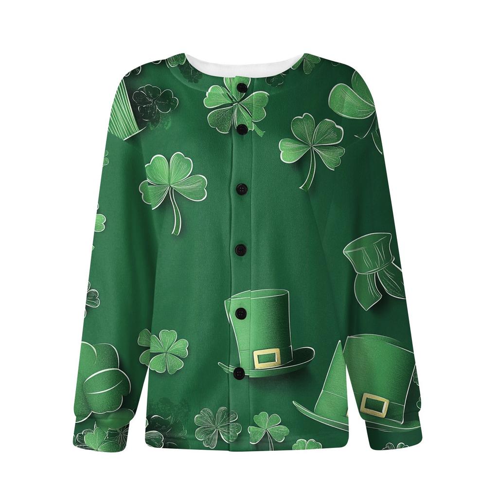 Women's Stylish St. Patrick Print Long Sleeve  Fleece Cardigan Button Jacket