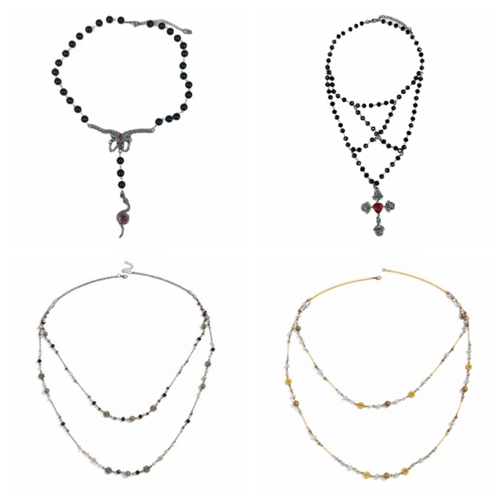 Colorful Flower Retro Double Layer Necklace Vintage Geometric Choker Beaded Sweater Chain Festival