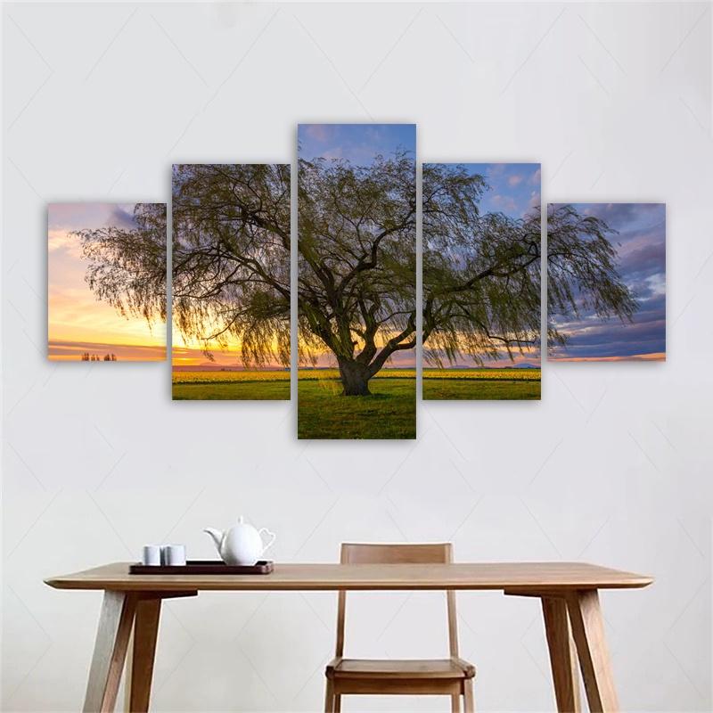 

5 Panels Landscape Tree Posters Canvas Painting Sunset Sky Pictures Prints Wall Art For Living Room Modern Home Decor No Frame 20x25 20x40 20x55