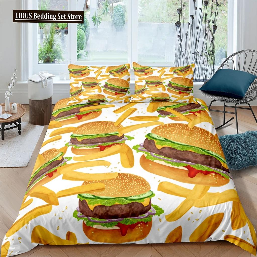 Amerikanisches Fast Food Bettbezug Set Doppelgröße Pizza Hotdog Bettdeckenbezug Hamburger Print Bettwäsche Set Pommes Quiltbezug