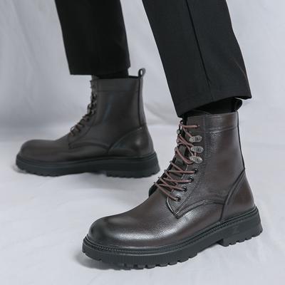 Trendy Leather Boots Men's Autumn and Winter New British Wind Locomotive Tooling Boots High-top Thick-soled Heightening Martin Boots Men